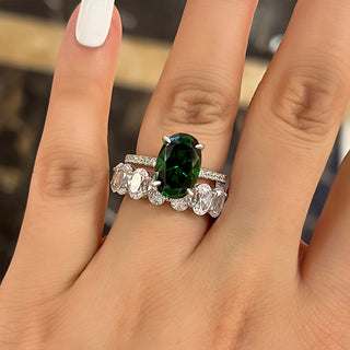 5.00Elongated Green Oval Cut Diamond Hidden Halo Pave Engagement Ring Set