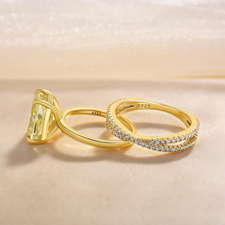 4.00CT Light Yellow Elongated Cushion Cut Diamond Solitaire Engagement Ring Set