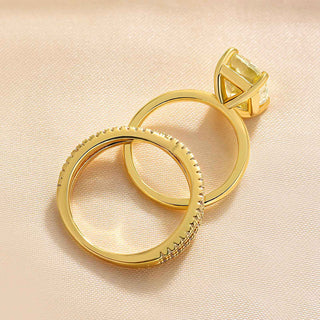 4.00CT Light Yellow Elongated Cushion Cut Diamond Solitaire Engagement Ring Set