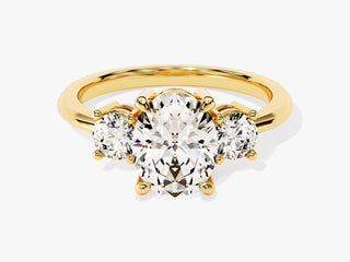 Three-stone oval Moissanite ring with brilliant round accents, perfect for modern brides