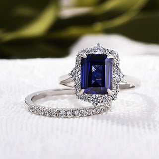 5.00CT Blue Emerald Cut Diamond Cluster Halo Engagement Ring Set