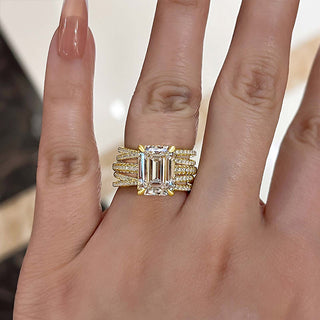 7.00CT Emerald Cut Diamond Hidden Halo Three Side Pave Engagement Ring Set
