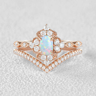 0.75 CT Oval Opal October Birthstone Vintage Bridal Ring Set in 925 Sterling Silver