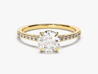 1.0 carat round brilliant moissanite engagement ring on pave diamond band.
