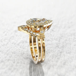 2.0TCW Pear Halo Cluster Moissanite Diamond Unique Bridal Engagement Ring Set
