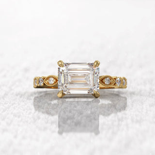 1.6TCW Emerald Cut East West Pave Moissanite Diamond Bridal Engagement Ring Set