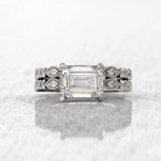 1.6TCW Emerald Cut East West Pave Moissanite Diamond Bridal Engagement Ring Set