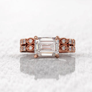 1.6TCW Emerald Cut East West Pave Moissanite Diamond Bridal Engagement Ring Set