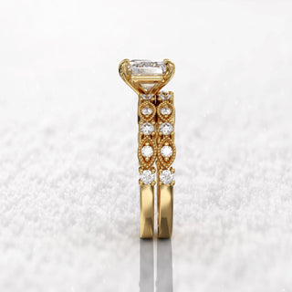 1.6TCW Emerald Cut East West Pave Moissanite Diamond Bridal Engagement Ring Set