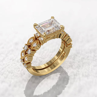 1.6TCW Emerald Cut East West Pave Moissanite Diamond Bridal Engagement Ring Set