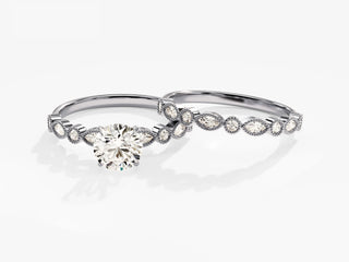 1.0TCW Round Milgrain Pave Moissanite Diamond Unique Bridal Engagement Ring Set