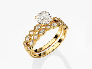 1.0TCW Round Milgrain Pave Moissanite Diamond Unique Bridal Engagement Ring Set