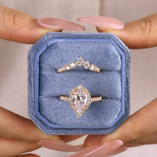 2.5CT Pear Moissanite Diamond Halo Pave Engagement Ring Set