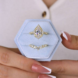 2.5CT Pear Moissanite Diamond Halo Pave Engagement Ring Set