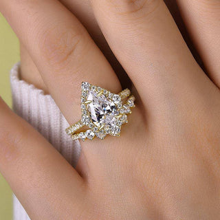 2.5CT Pear Moissanite Diamond Halo Pave Engagement Ring Set