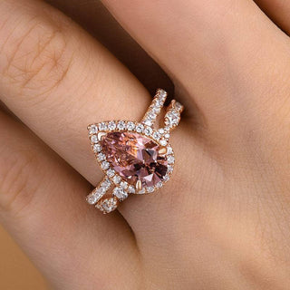 2.5CT Pear Moissanite Diamond Halo Pave Bridal Engagement Ring Set