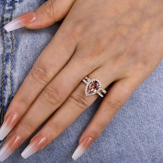 2.5CT Pear Moissanite Diamond Halo Pave Bridal Engagement Ring Set