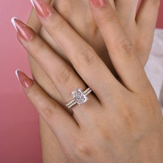 3.5CT Radiant Moissanite Diamond Hidden Halo Pave Bridal Engagement Ring Set