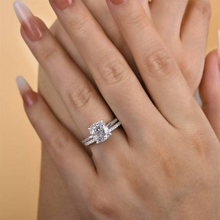 3.0CT Cushion Moissanite Diamond Hidden Halo Pave Bridal Engagement Ring Set
