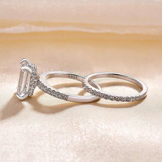 3.5CT Emerald Cut Moissanite Diamond Hidden Halo Pave Bridal Engagement Ring Set