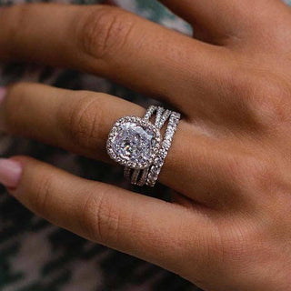 3.0CT Cushion Moissanite Diamond Halo Pave Bridal Engagement Ring Set