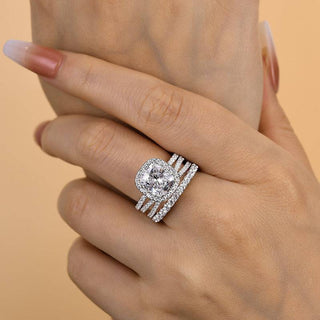 3.0CT Cushion Moissanite Diamond Halo Pave Bridal Engagement Ring Set