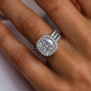 3.0CT Cushion Moissanite Diamond Halo Pave Bridal Engagement Ring Set