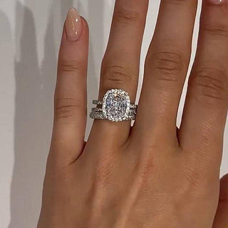 4.0CT Cushion Moissanite Diamond Halo Pave Bridal Engagement Ring Set