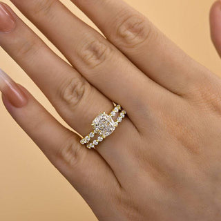 2.0CT Cushion Moissanite Diamond Hidden Halo Pave Bridal Engagement Ring Set