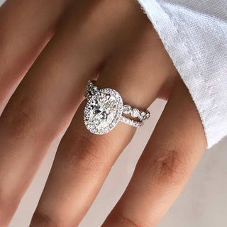 3.0CT Oval Moissanite Diamond Halo Pave Bridal Engagement Ring Set