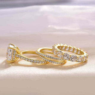 4.5CT Cushion Moissanite Diamond Hidden Halo Pave Bridal Engagement Ring Set