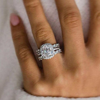 4.0CT Cushion Moissanite Diamond  Halo Pave Bridal Engagement Ring Set