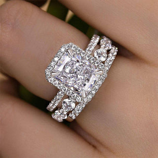 2.5CT Radiant Moissanite Diamond Halo Pave Bridal Engagement Ring Set