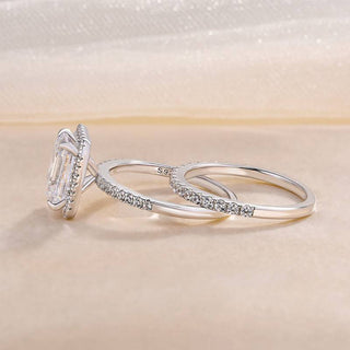 2.5CT Emerald Cut Moissanite Diamond Halo Pave Bridal Engagement Ring Set