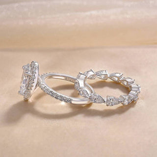 2.5CT Pear Moissanite Diamond Halo Pave Bridal Engagement Ring Set