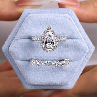 2.5CT Pear Moissanite Diamond Halo Pave Bridal Engagement Ring Set