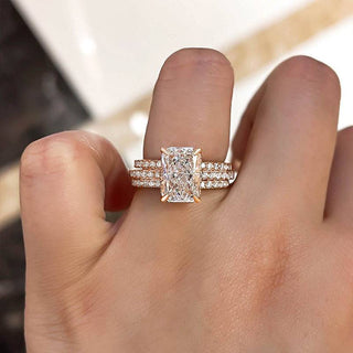 3.5CT Radiant Moissanite Diamond Halo Pave Bridal Engagement Ring Set