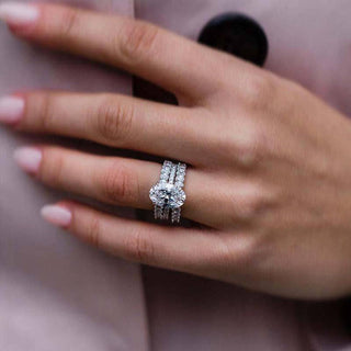 3.5CT Oval Moissanite Diamond Hidden Halo Pave Bridal Engagement Ring Set