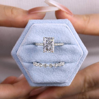 3.5CT Radiant Moissanite Diamond Hidden Halo Pave Bridal Engagement Ring Set