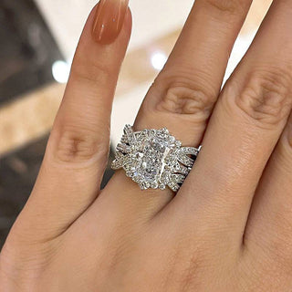 3.0CT Radiant Moissanite Diamond Halo Pave Antique Bridal Engagement Ring Set