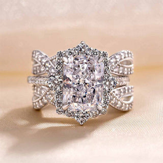 3.0CT Radiant Moissanite Diamond Halo Pave Antique Bridal Engagement Ring Set