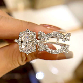 3.0CT Radiant Moissanite Diamond Halo Pave Antique Bridal Engagement Ring Set