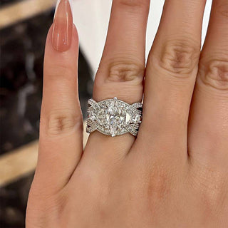 1.5CT Marquise  Moissanite Diamond Antique Bridal Engagement Ring Set