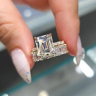 4.0CT Emerald Cut Moissanite Diamond Hidden Halo Pave Engagement Ring Set