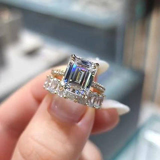 4.0CT Emerald Cut Moissanite Diamond Hidden Halo Pave Engagement Ring Set