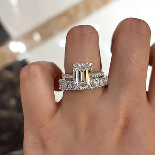 4.0CT Emerald Cut Moissanite Diamond Hidden Halo Pave Engagement Ring Set