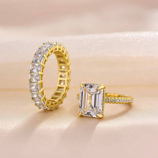 4.0CT Emerald Cut Moissanite Diamond Hidden Halo Pave Engagement Ring Set