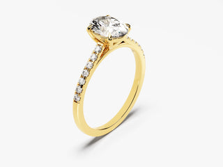 Timeless oval moissanite solitaire ring lifted in cathedral setting with pavé brilliance