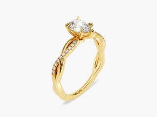 Side profile showing the elegantly twisted band and pave accents of the moissanite ring.