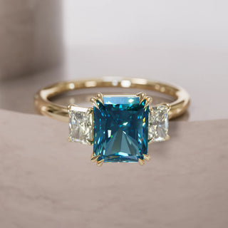 4.00CT Blue Radiant Cut Diamond Three Stone Engagement Ring